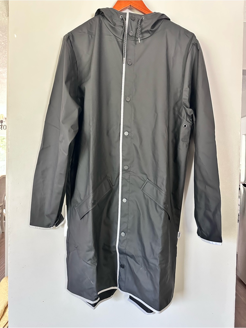 Rains Black Hooded Trench Coat with Reflective Trim Size M NWT